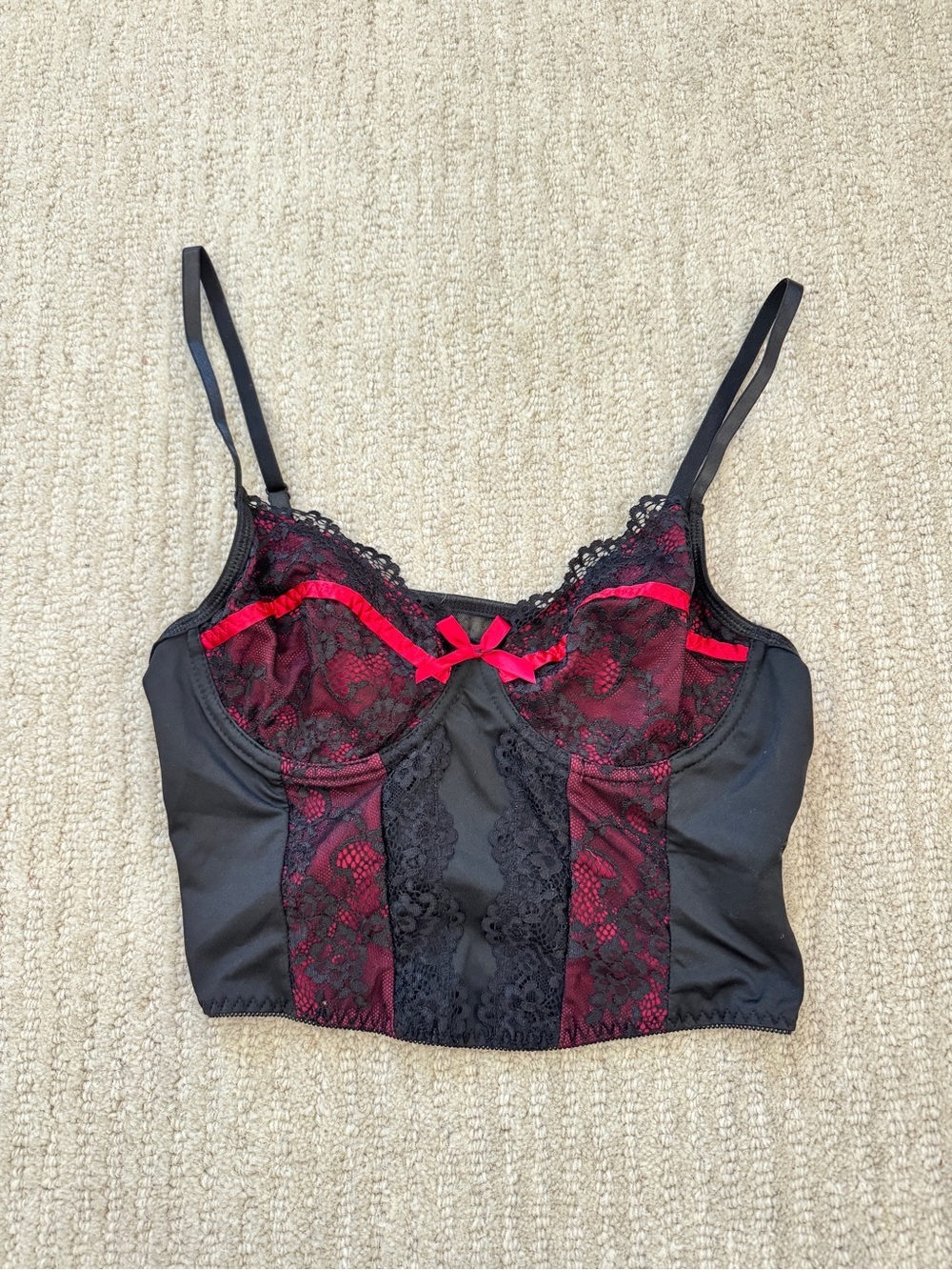 Black & Red Lace Longline Bralette with Bow Accent